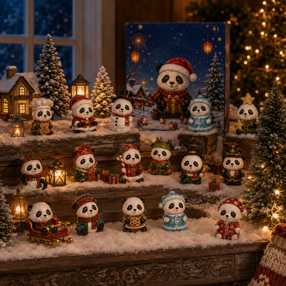 Panda miniatures arranged in a glowing winter village display