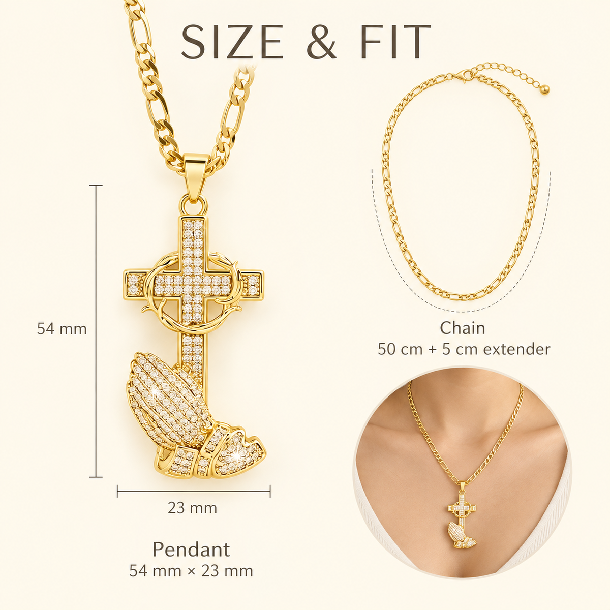 Cross & Prayer Hands Pendant Necklace