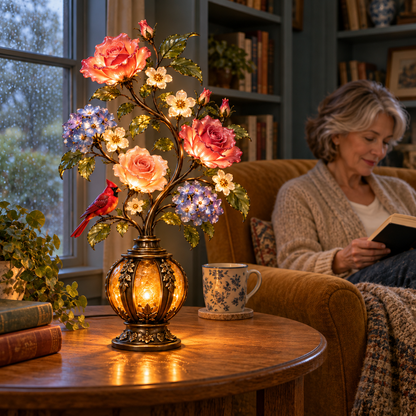 🌹The Secret Garden – Vintage Rose & Cardinal Table Lamp 🐦