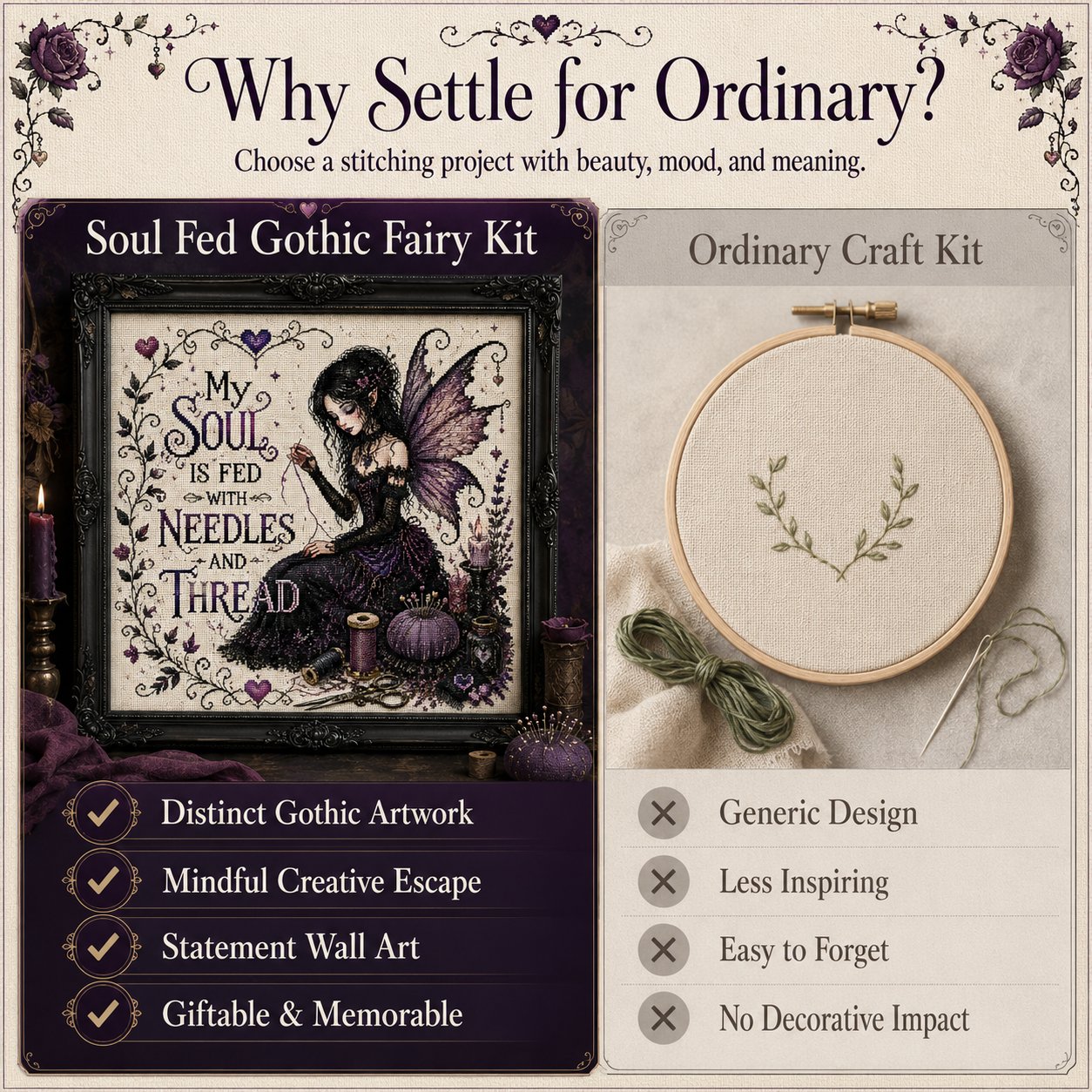 🔥Last Day 50% OFF - 💜 Soul Fed Gothic Fairy Cross Stitch Kit | Mindful Dark Academia Craft Kit for Stress Relief, Slow Living & Handmade Wall Art Decor ✨