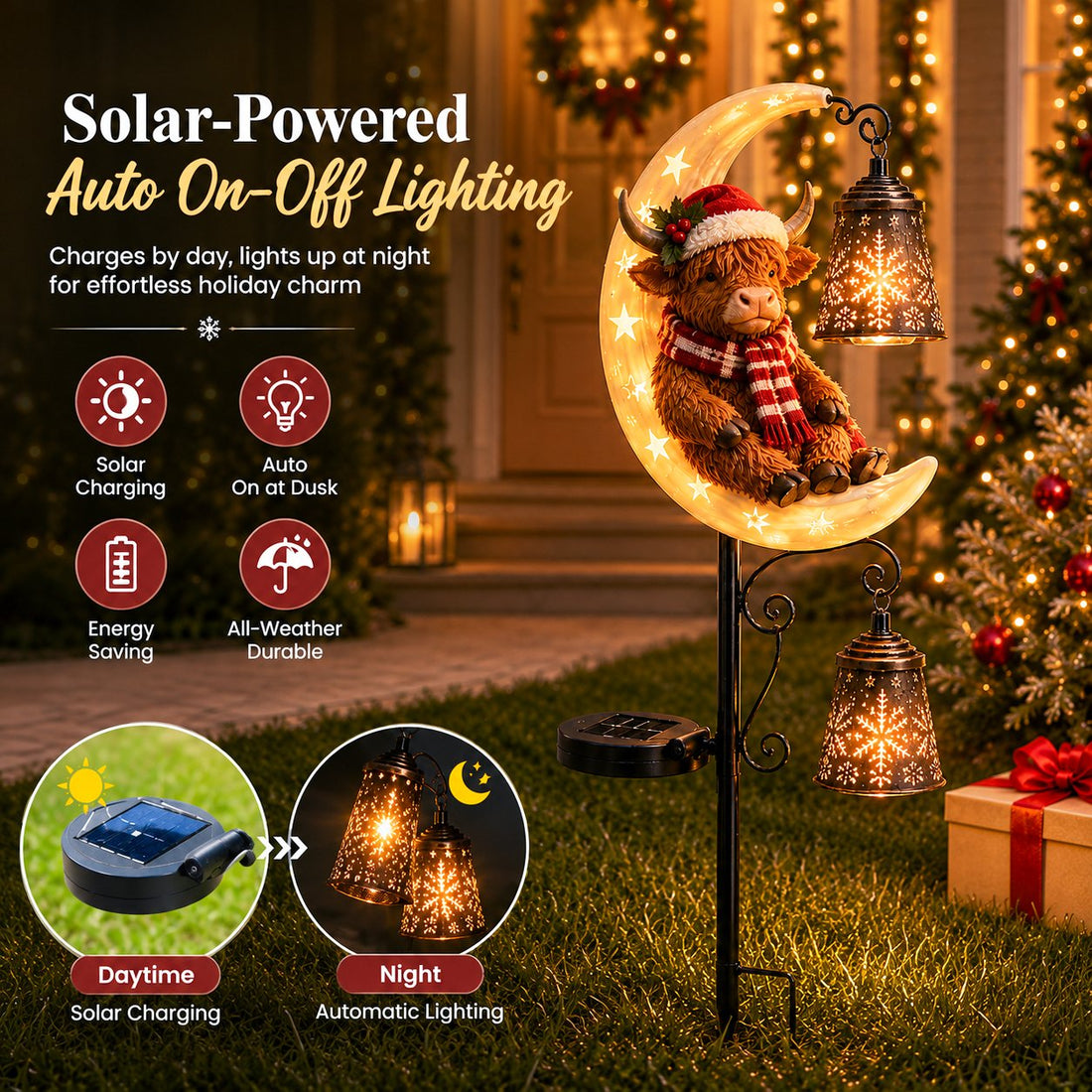 Solar powered automatic dusk lighting features