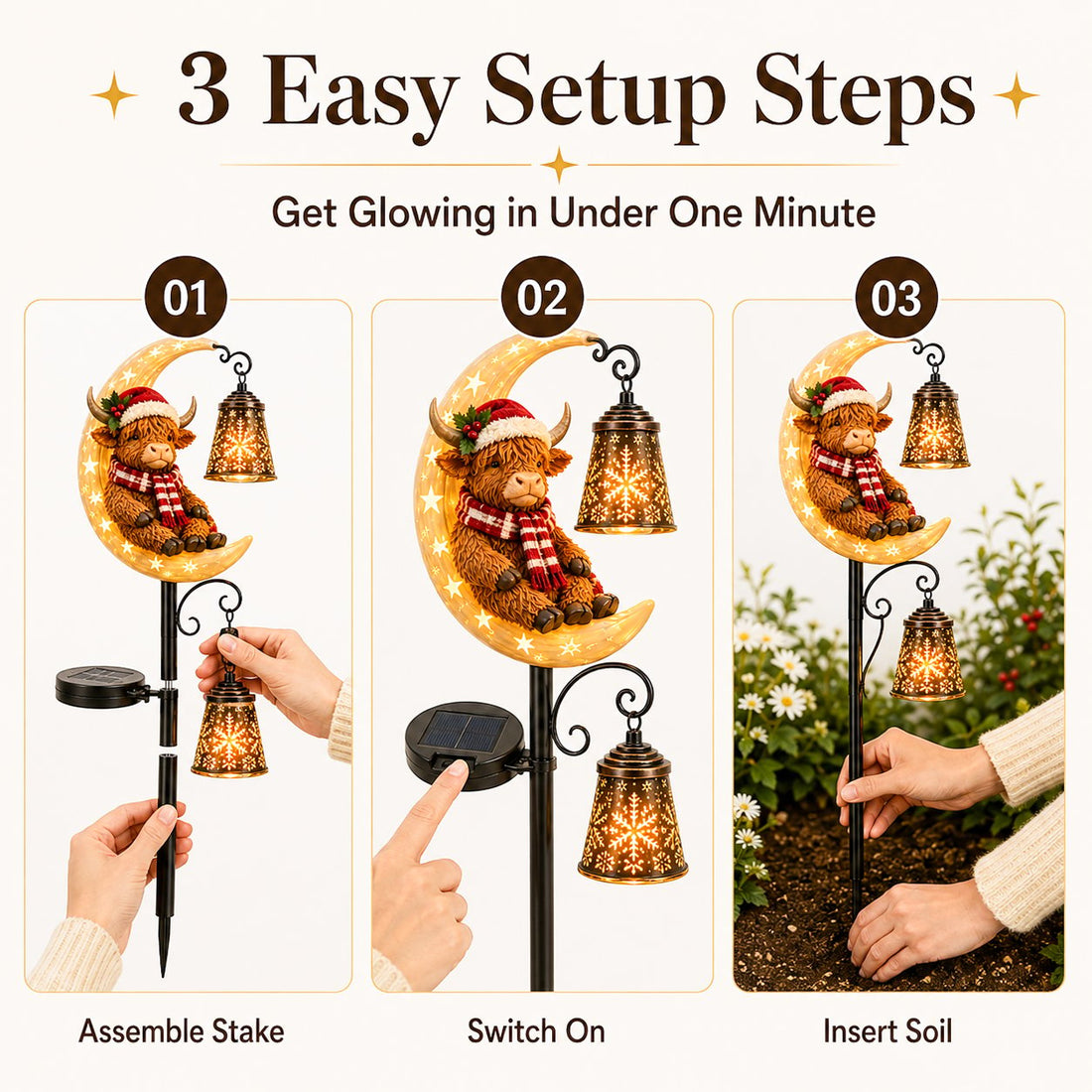 Highland Cow Moon Solar Light three step installation