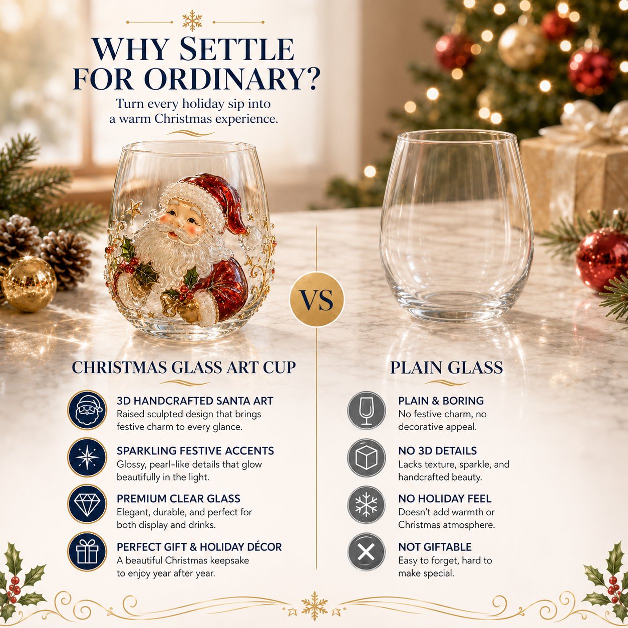 3D Christmas Glass Art Cup | Luxury Raised Holiday Glassware for Drinks, Decor & Christmas Gifts 🎁