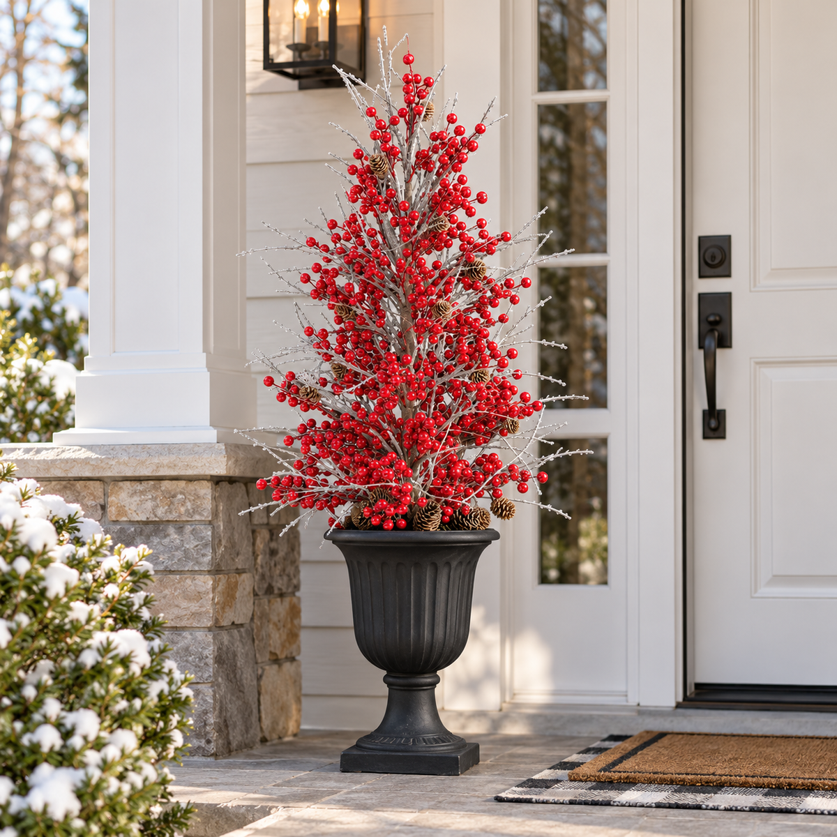 Frosted red berry Christmas urn filler displayed in a black outdoor planter beside a classic white front door
