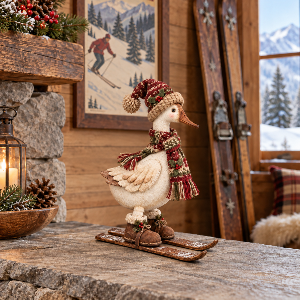 Vintage Christmas Skiing Goose in cozy ski lodge