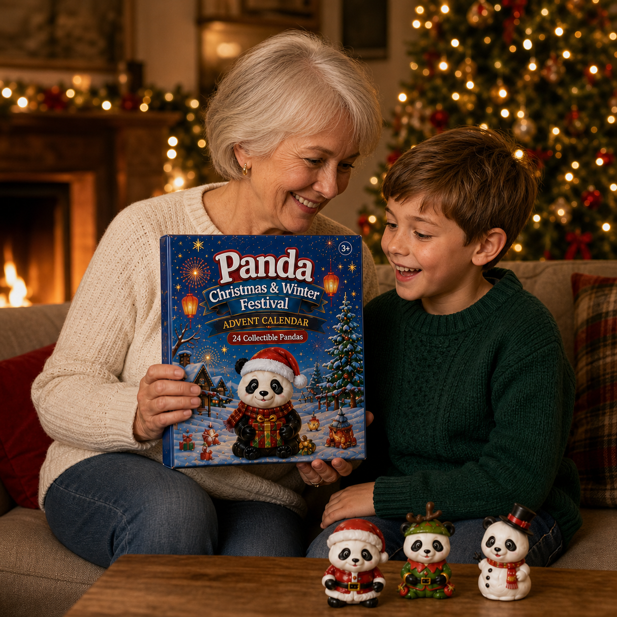 Grandparent giving the panda calendar as a Christmas gift