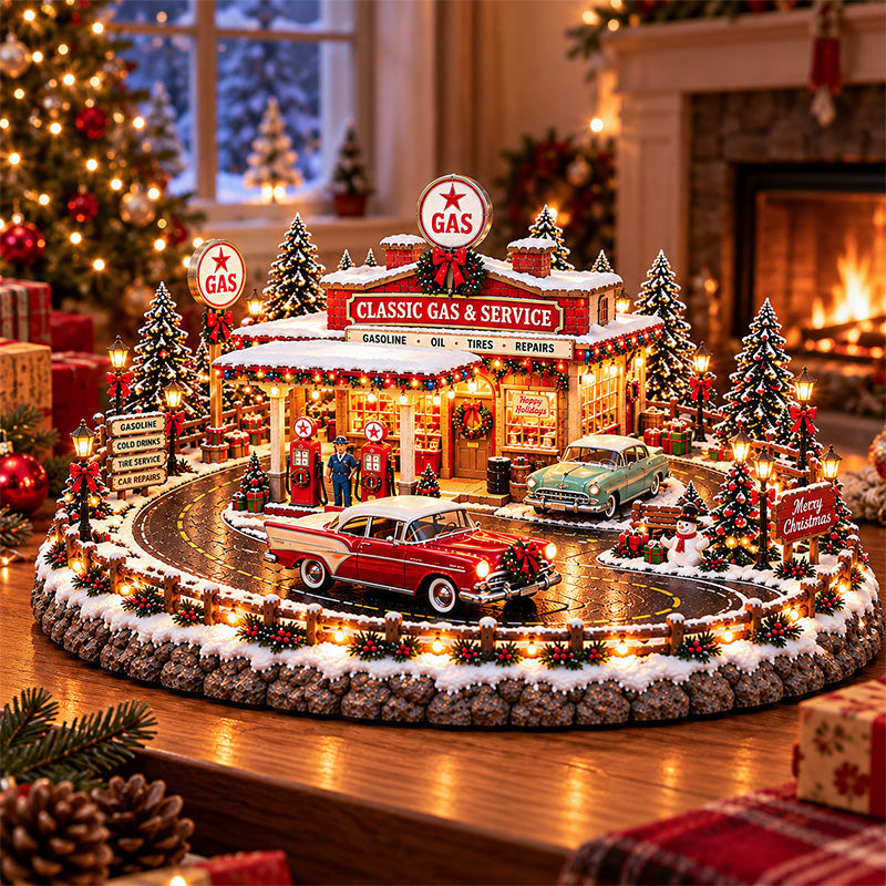 🚗 Lighted Classic Gas Station Christmas Village | Vintage Roadside Décor