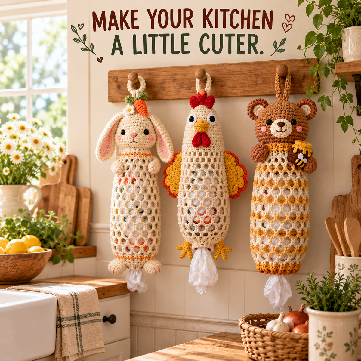 🔥LAST DAY 49% OFF – 🌼 Cottage Harvest Keepers™ — Crochet Animal Bag Holder DIY Kit | 13 Adorable Designs