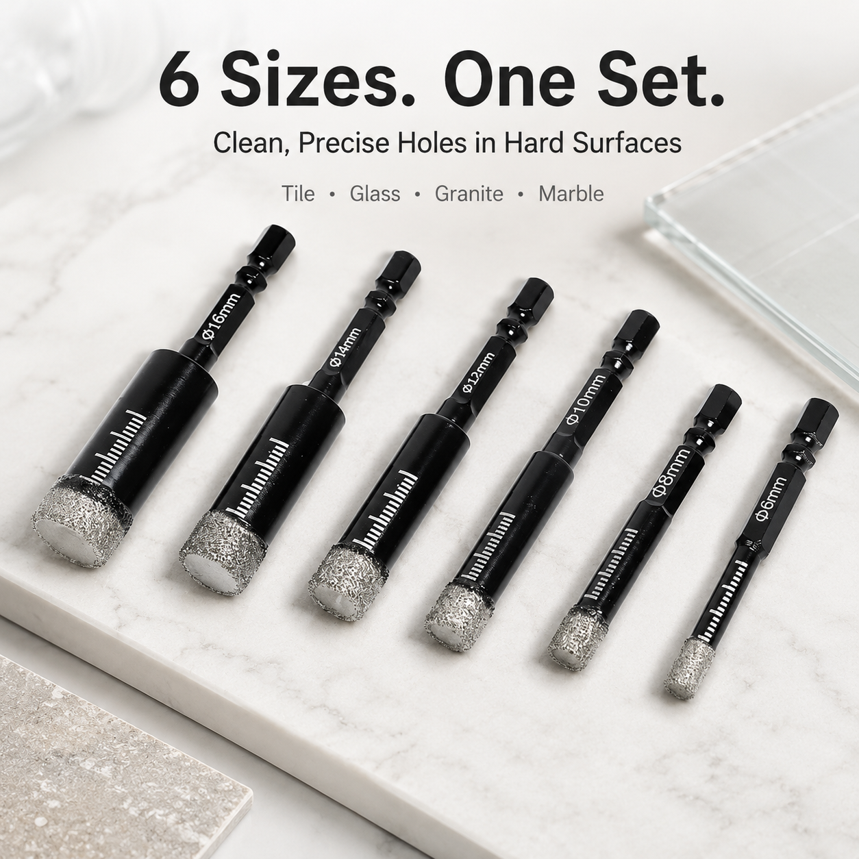 🛠️6 Pcs Diamond Drill Bits Set, 1/4 5/6 3/8 1/2 Inch Brazed Diamond Drill Bits for Precision Drilling in Tile Ceramic Glass Granite Marble Masonry