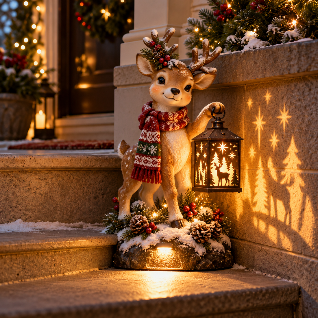 Reindeer solar Christmas step lamp illuminating woodland silhouettes on a stone stair
