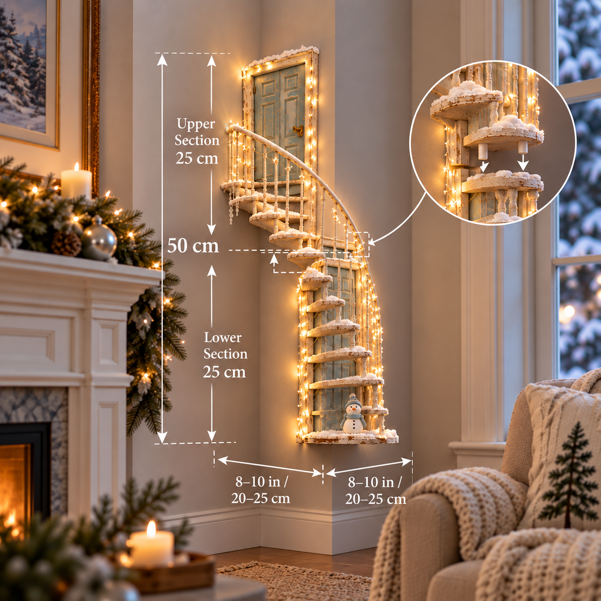 Dimension guide for lighted winter fairy staircase wall decor, with annotated height and staircase depth