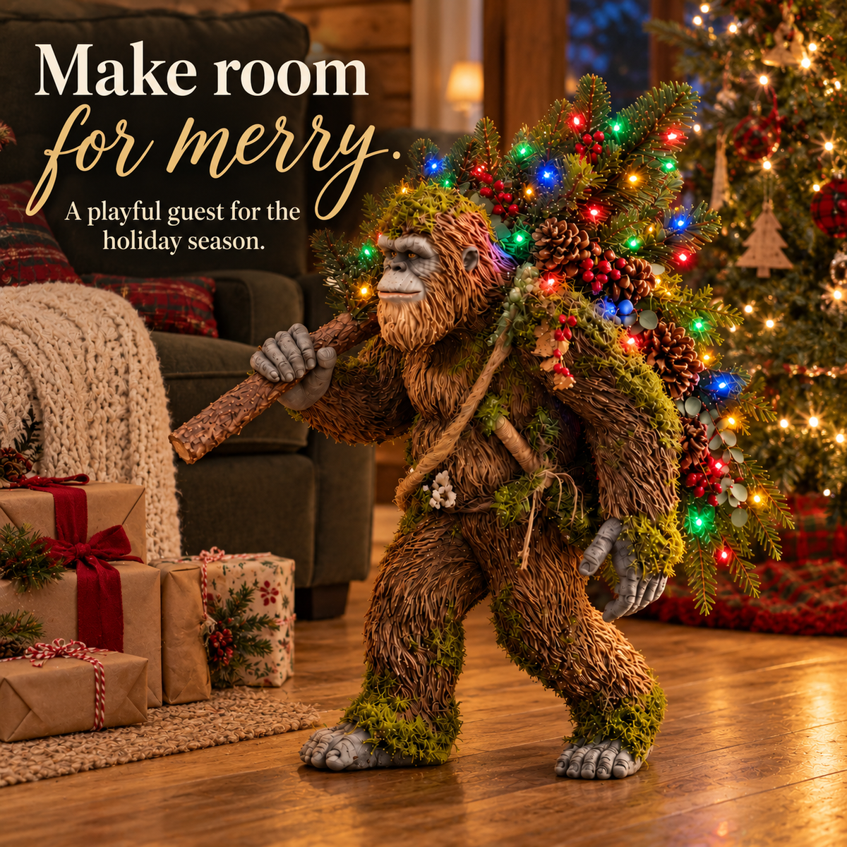 Woodland Bigfoot glowing beside wrapped Christmas gifts and a decorated Christmas tree