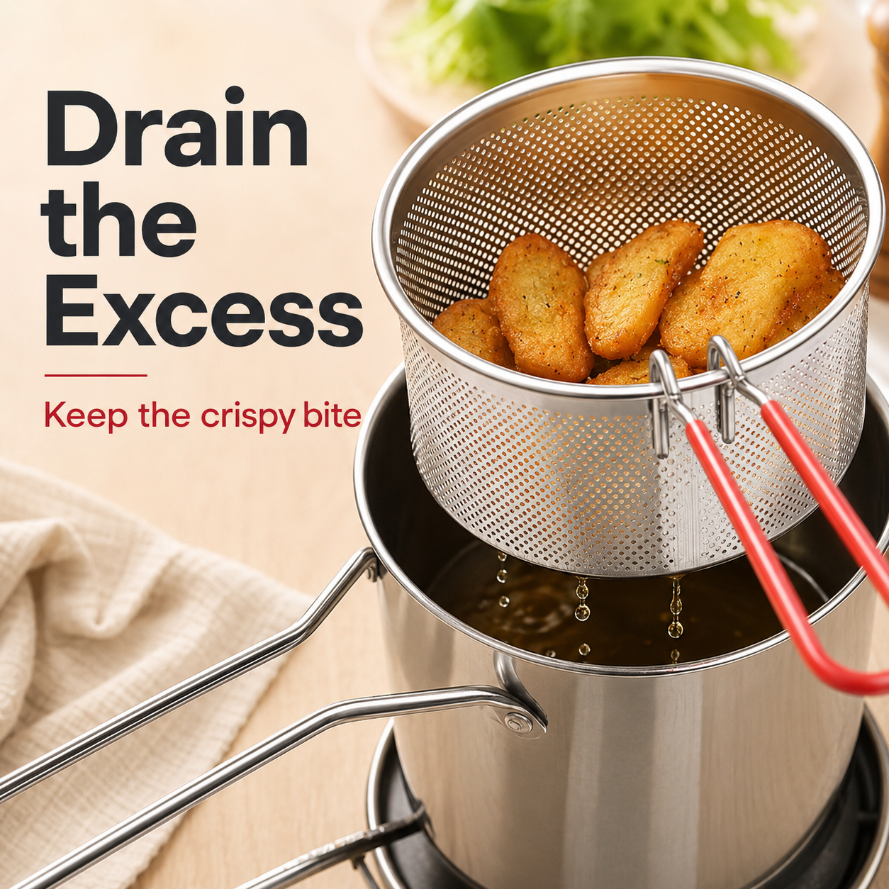 🔥Last Day 50% OFF - 🍟 Personal Mini Deep Fryer Set – Stainless Steel Pot with Lift-Out Draining Basket & Food Tongs