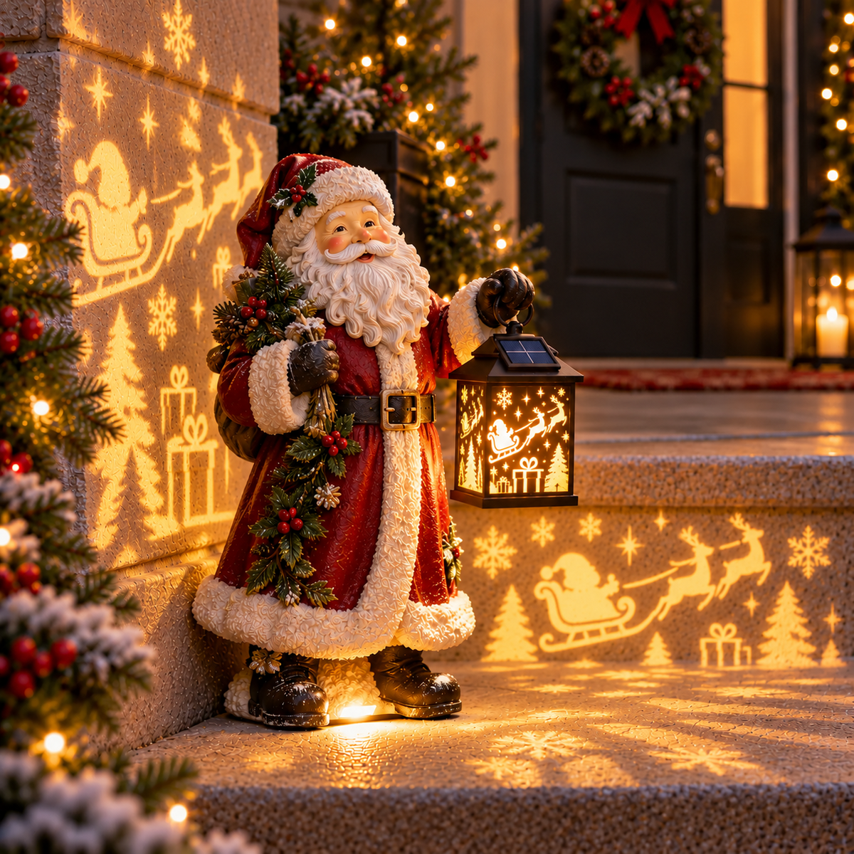 Santa Christmas solar step light with a glowing lantern beside a warmly decorated front door