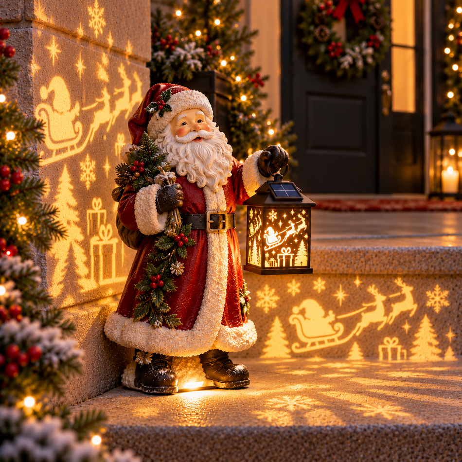 Santa holding a solar Christmas lantern with sleigh and gift motifs