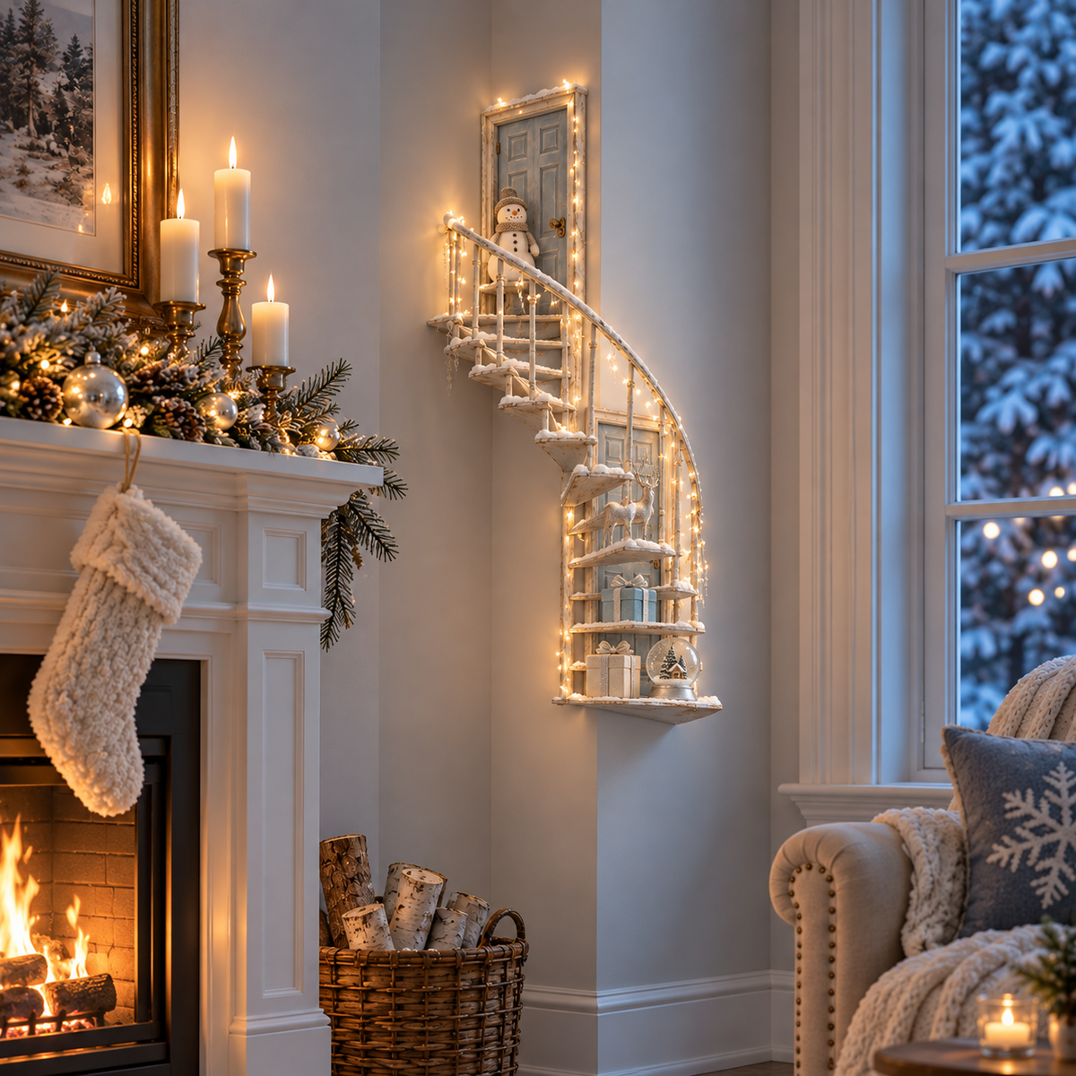 Warm white LED winter staircase wall decoration beside a fireplace decorated with stockings and candles