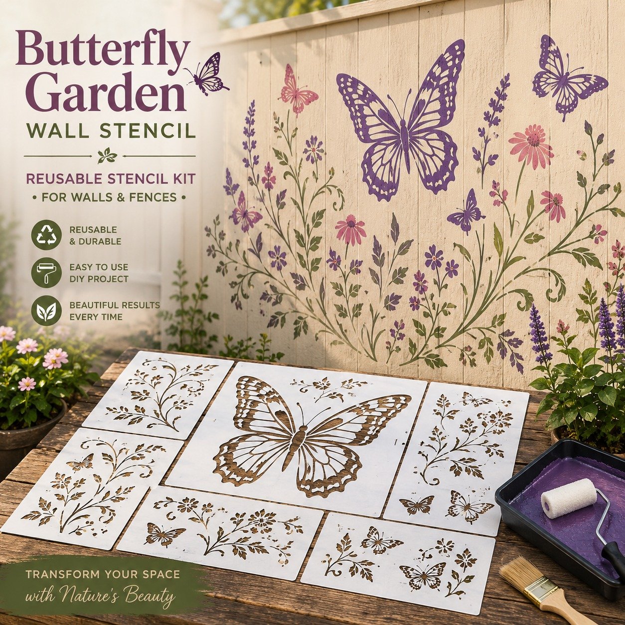 🦋🌸Last Day 50% OFF - 🌿Garden Bloom Wall Stencil Kit | DIY Garden Painting Templates for Every Space
