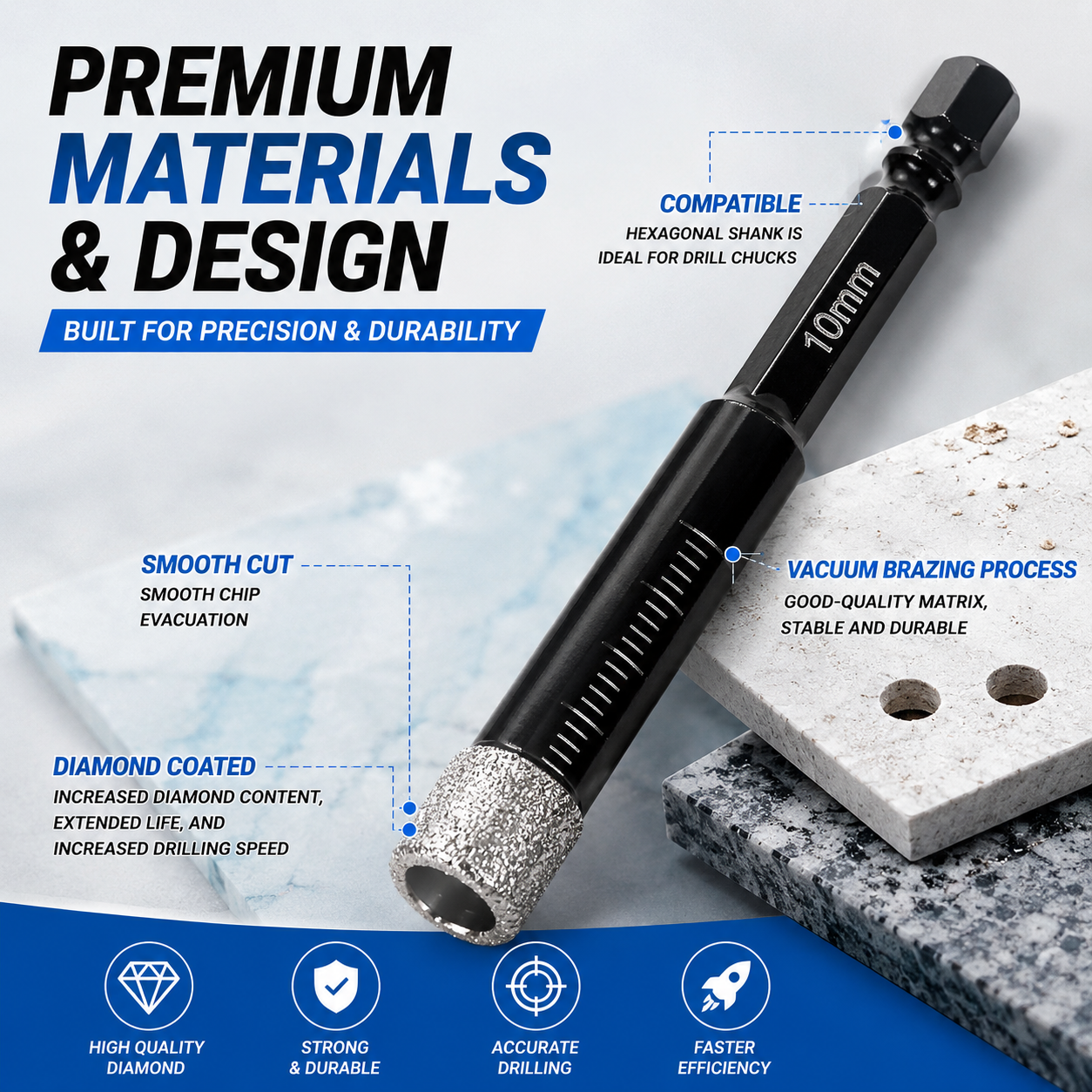 🛠️6 Pcs Diamond Drill Bits Set, 1/4 5/6 3/8 1/2 Inch Brazed Diamond Drill Bits for Precision Drilling in Tile Ceramic Glass Granite Marble Masonry