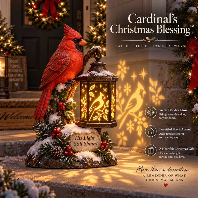 Cardinal Christmas lantern with a red bird and glowing woodland-bird motifs