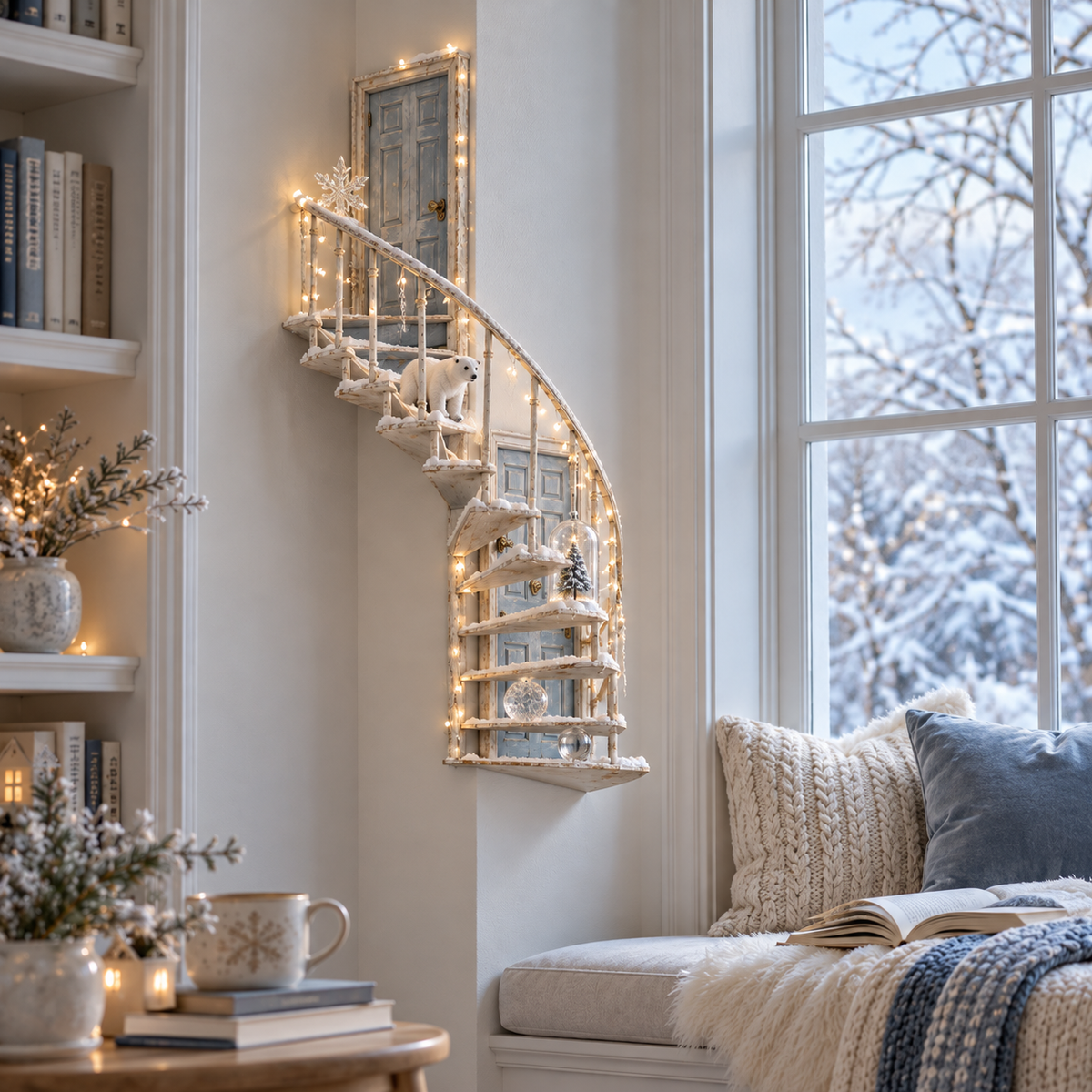 Snowy spiral fairy staircase and weathered doorway with warm LED lighting, styled in a cozy reading corner