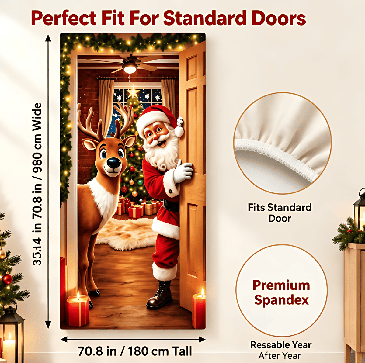 Santa Christmas Door Cover with Elastic Edges | Reusable Holiday Decor