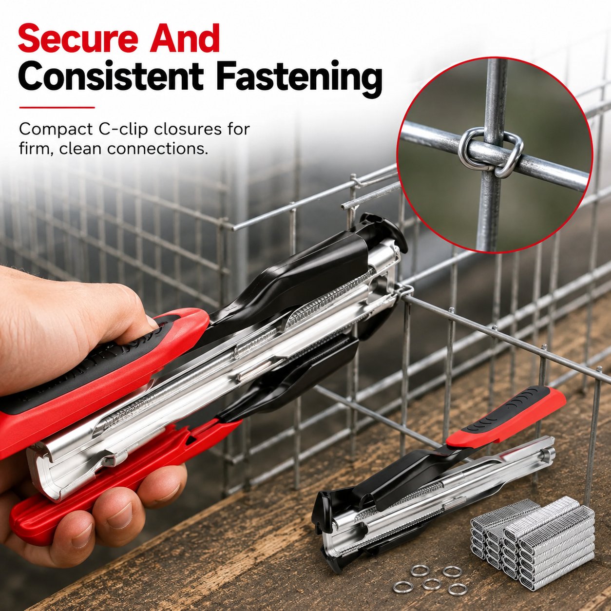 🔩 3/4" C Clip Hog Ring Pliers Kit, Heavy‑Duty Cage Clamp for Fencing, Upholstery & Sausage Casings