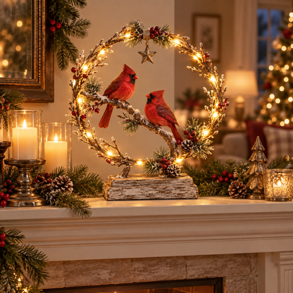 Lighted red cardinal tabletop decoration glowing on a Christmas mantel