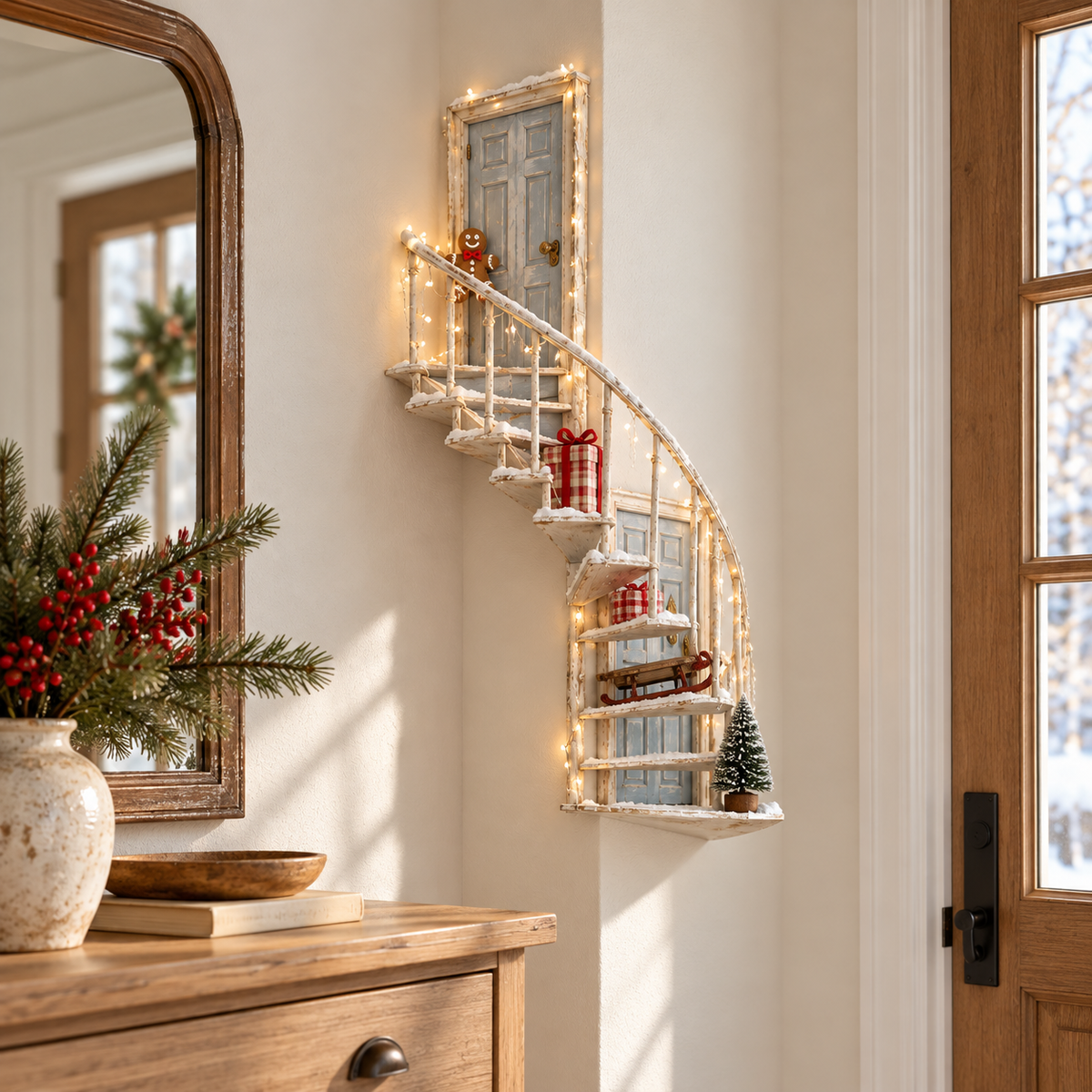 Illuminated winter fairytale staircase wall decoration styled beside a wooden entry door with festive greenery