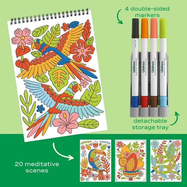 🌿Trace-By-Groove Jungle Oasis – Guided Flow Art Coloring Pad with Double-Sided Markers🎨