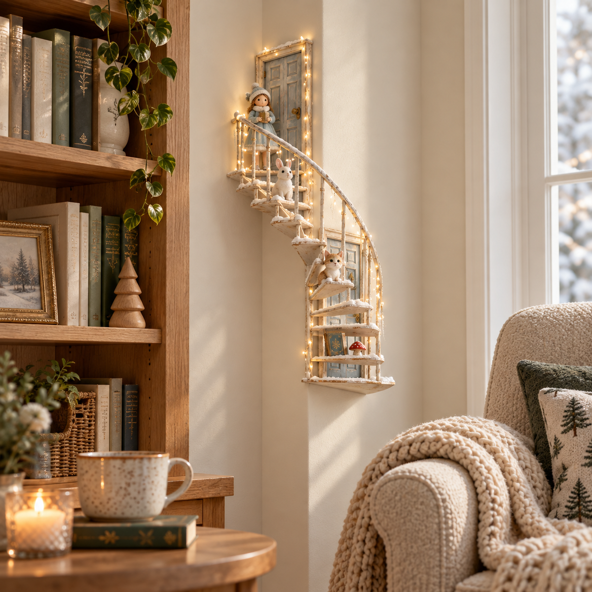 Lighted fairy staircase with snow-covered miniature steps, white railings, blue-gray door and decorative winter figurines