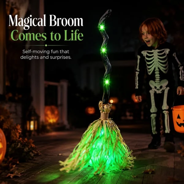 🧙‍♀️🧹Animated Moving Witch Broom with Light & Sound