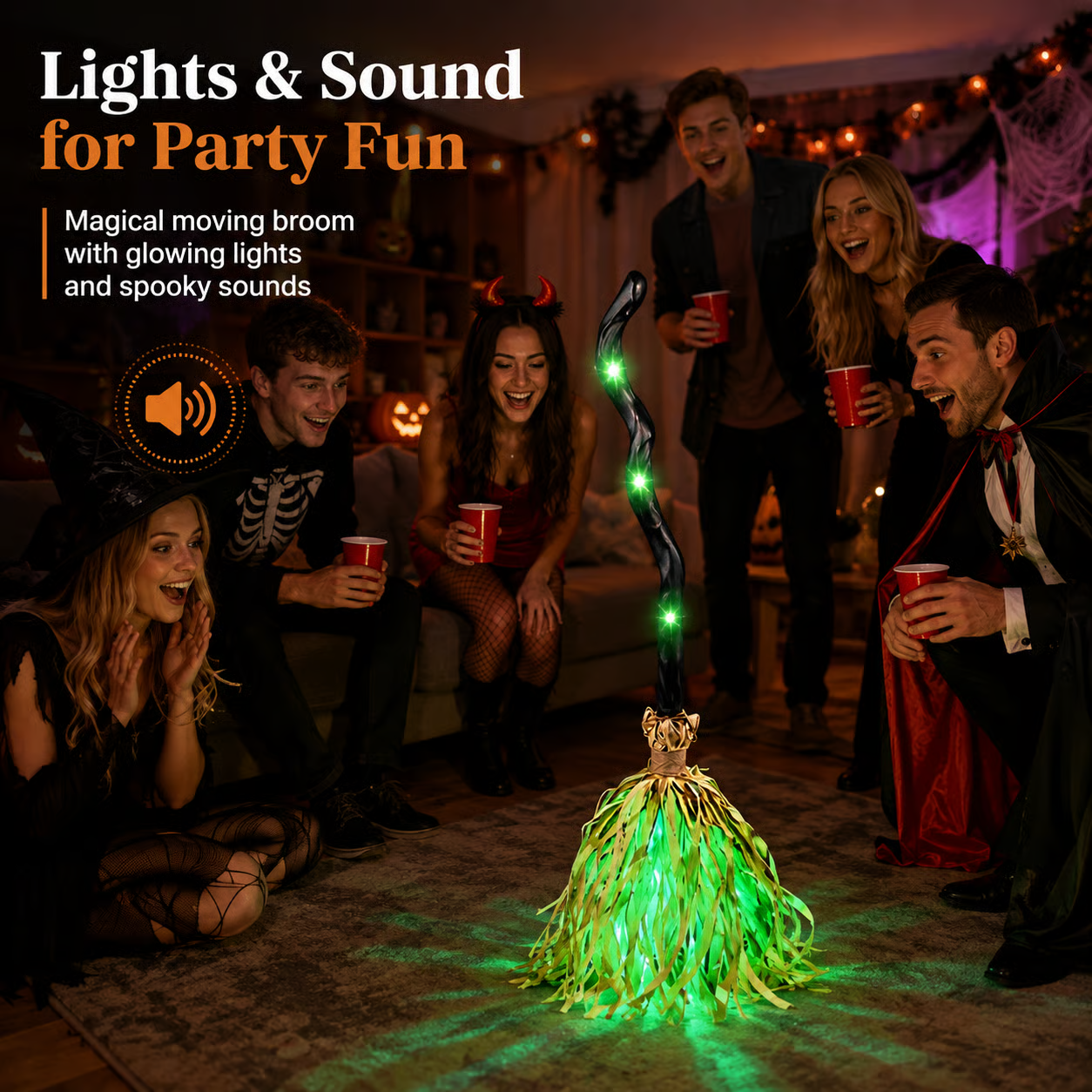 🧙‍♀️🧹Animated Moving Witch Broom with Light & Sound