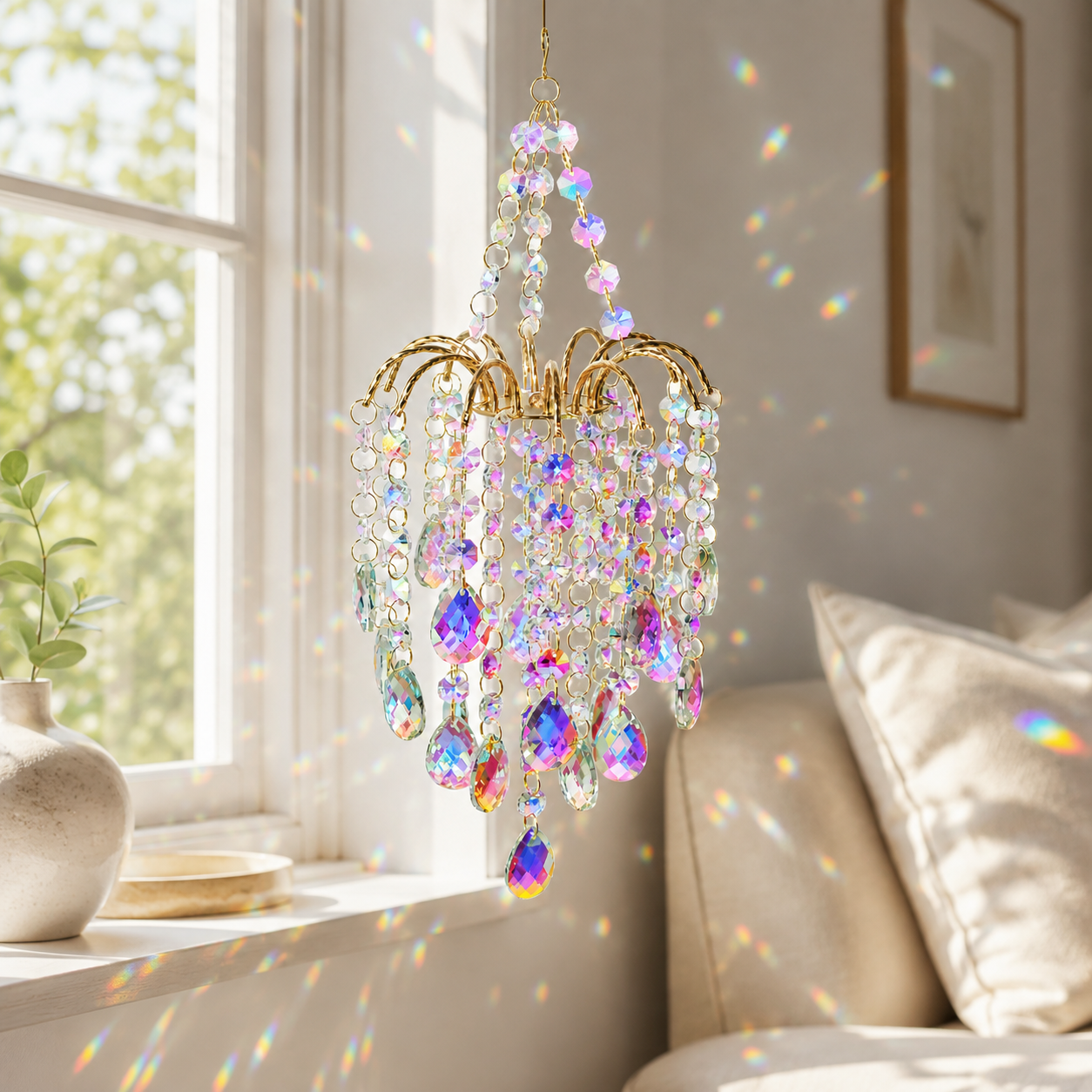 Rainbow Crystal Sun Catcher hanging beside a sunny window