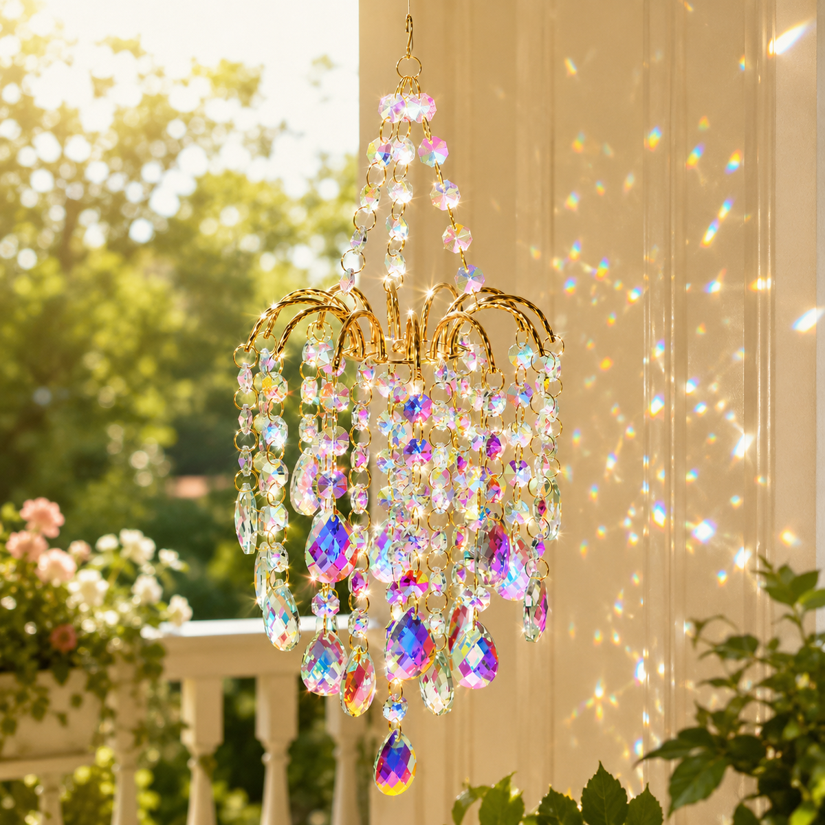 Crystal sun catcher sparkling in strong sunlight