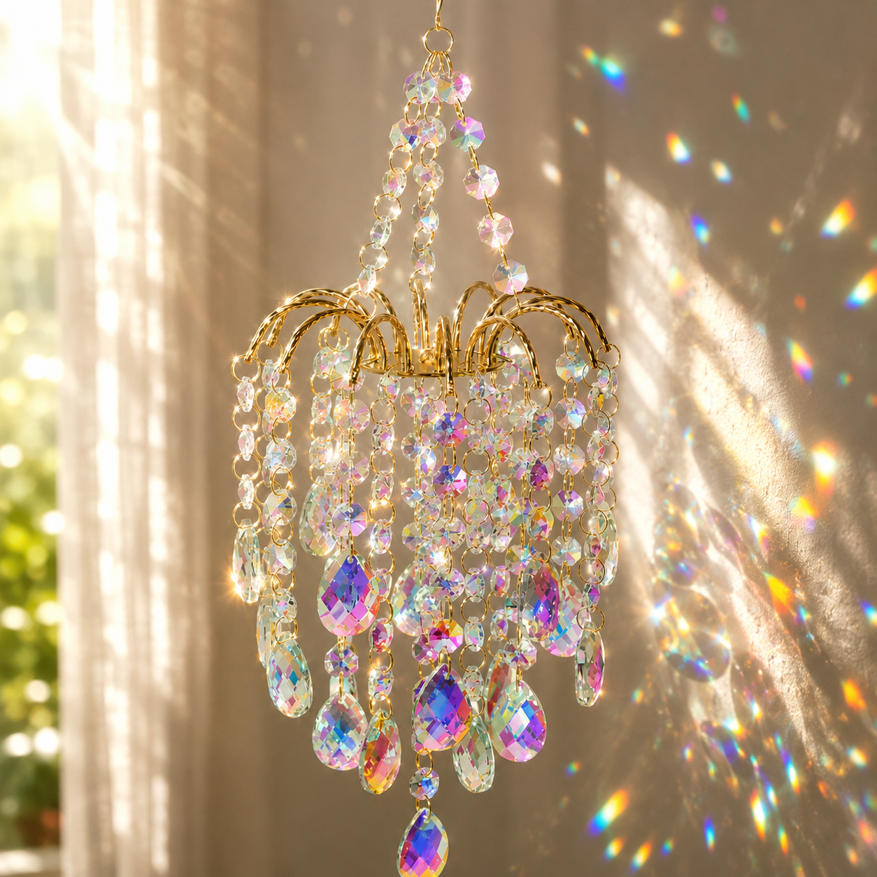 Rainbow Crystal Sun Catcher creating colorful light reflections