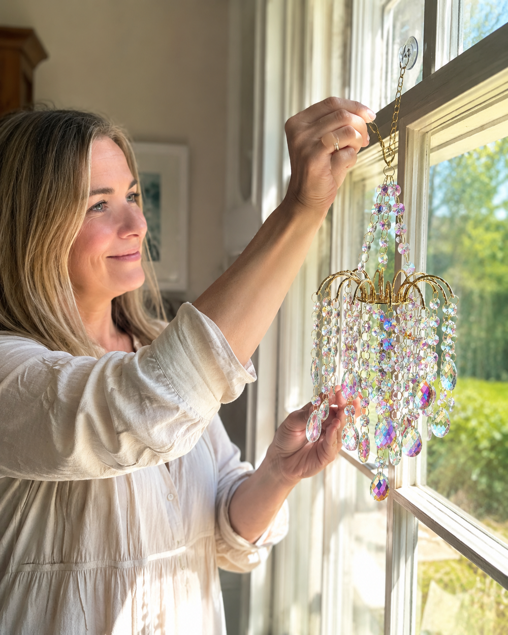 Woman hanging Rainbow Crystal Sun Catcher at a sunny window