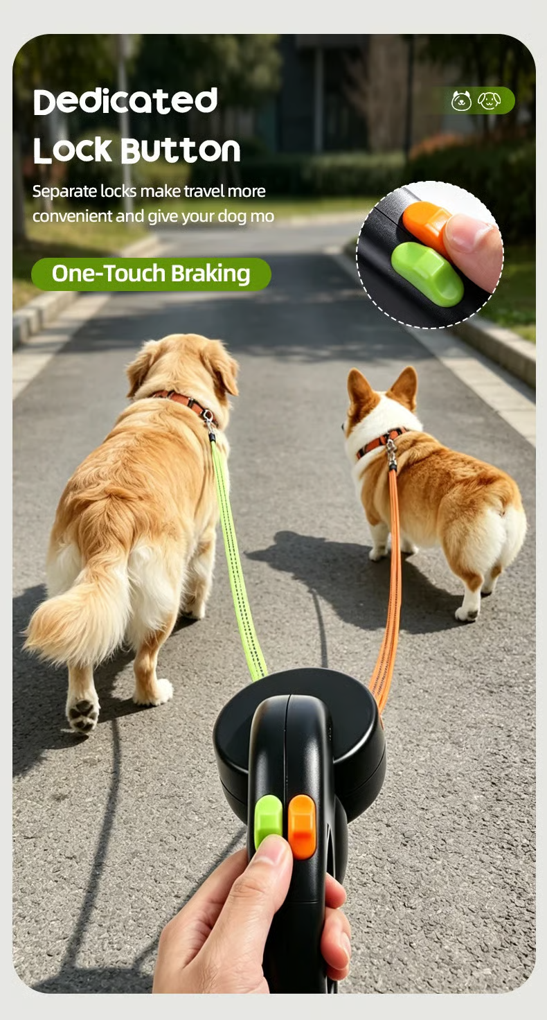Independent braking controls on dual retractable dog leash