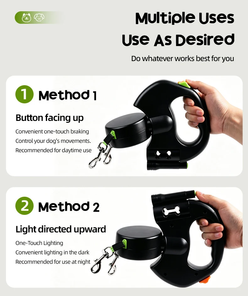 Two different ways to hold the dual retractable dog leash