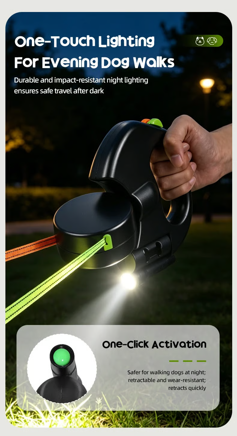 Dual retractable dog leash light used during an evening dog walk