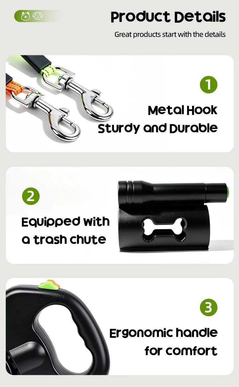 Product details of dual retractable dog leash