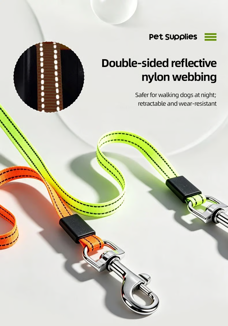 Reflective nylon webbing on dual dog leash
