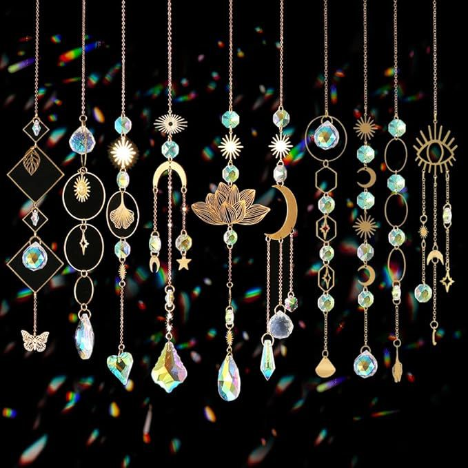 Gold crystal suncatcher collection with ten unique hanging designs