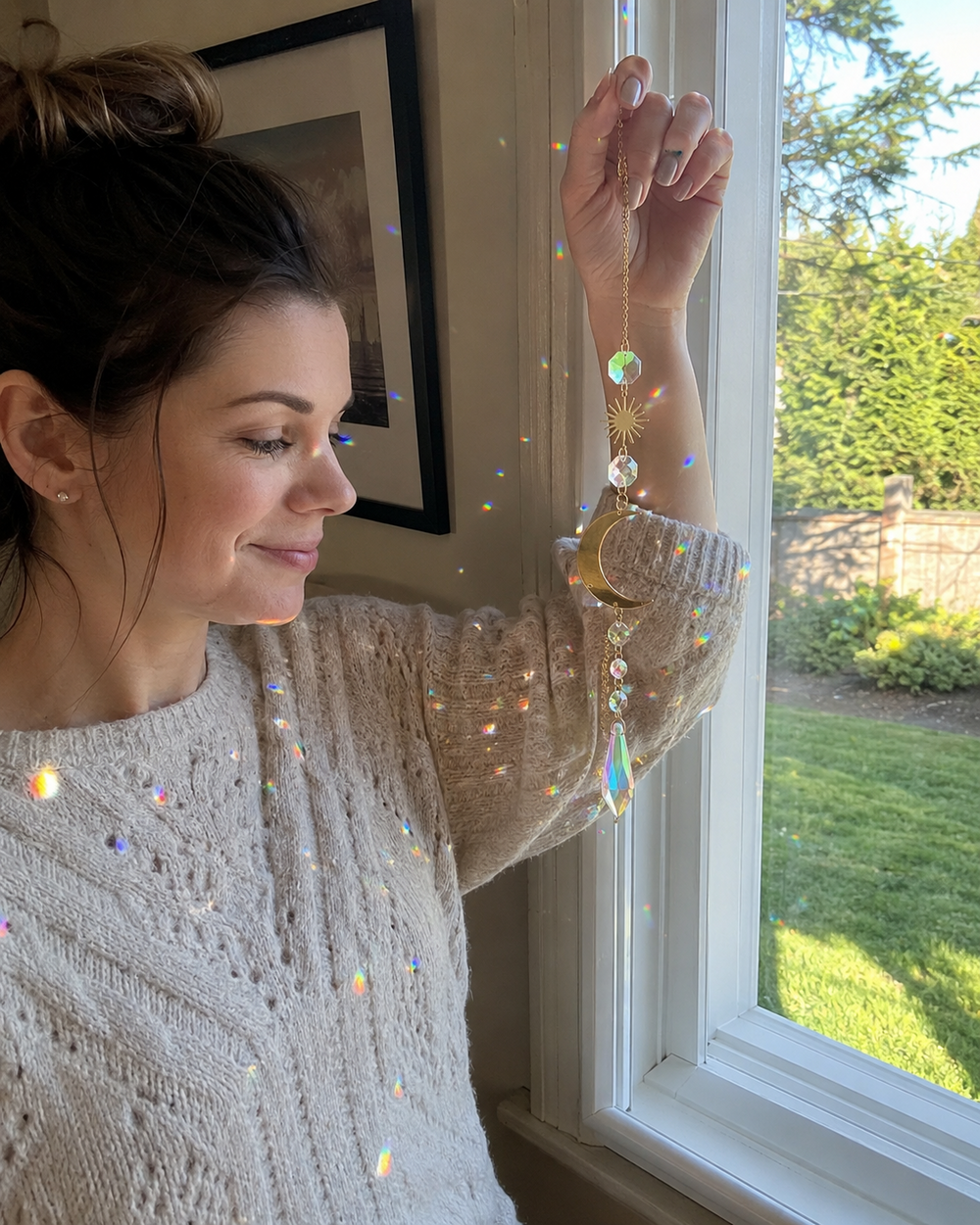 Woman holding a crystal suncatcher beside a sunny window