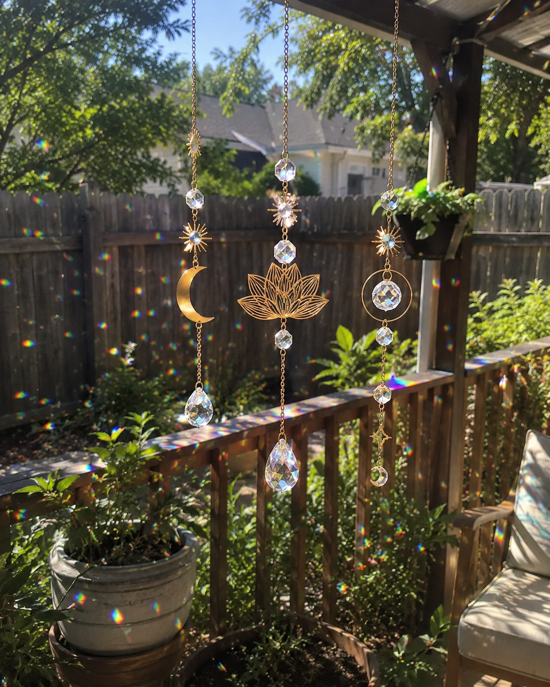 Three crystal suncatchers hanging together on an outdoor patio