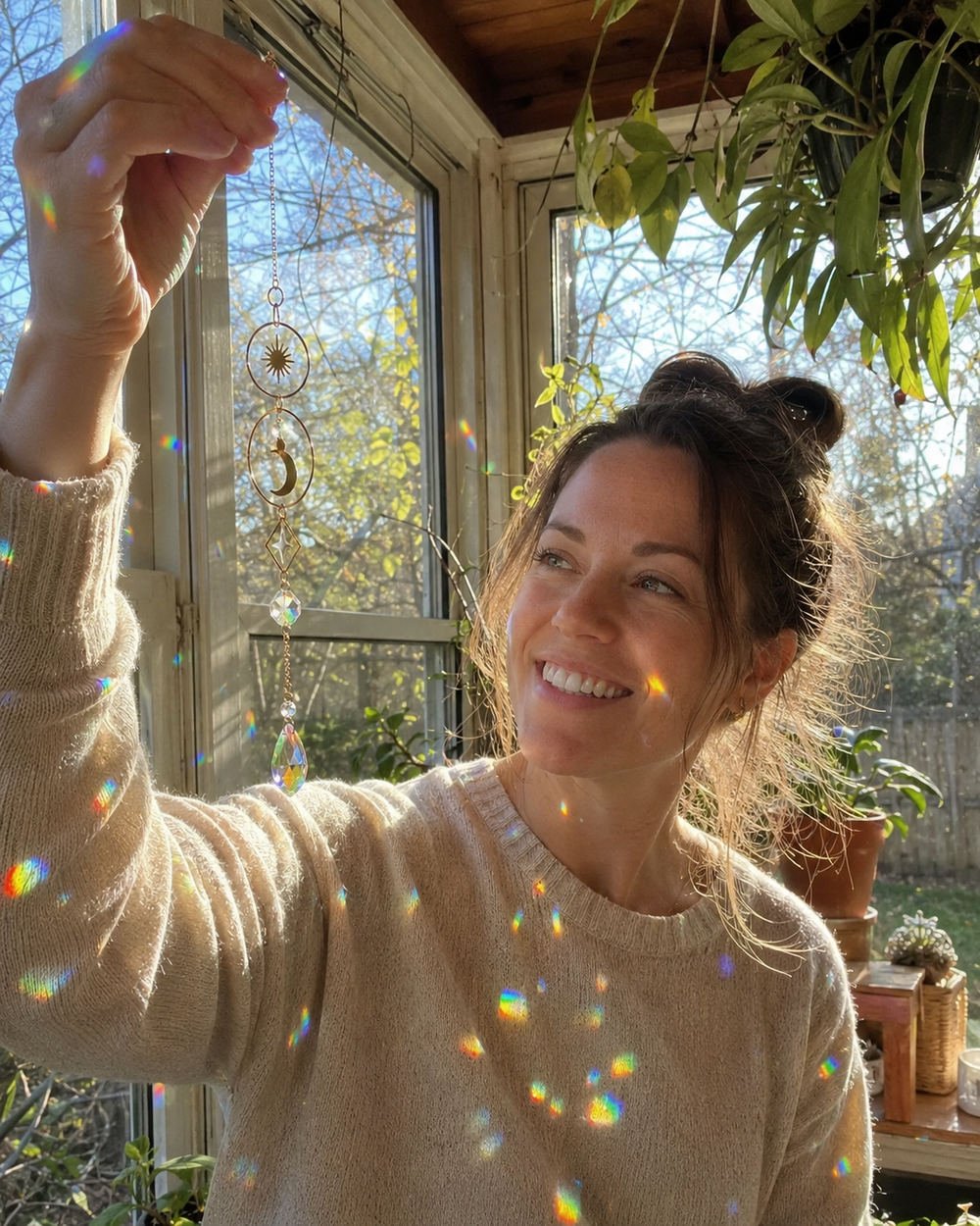 Woman enjoying rainbow reflections from a crystal suncatcher
