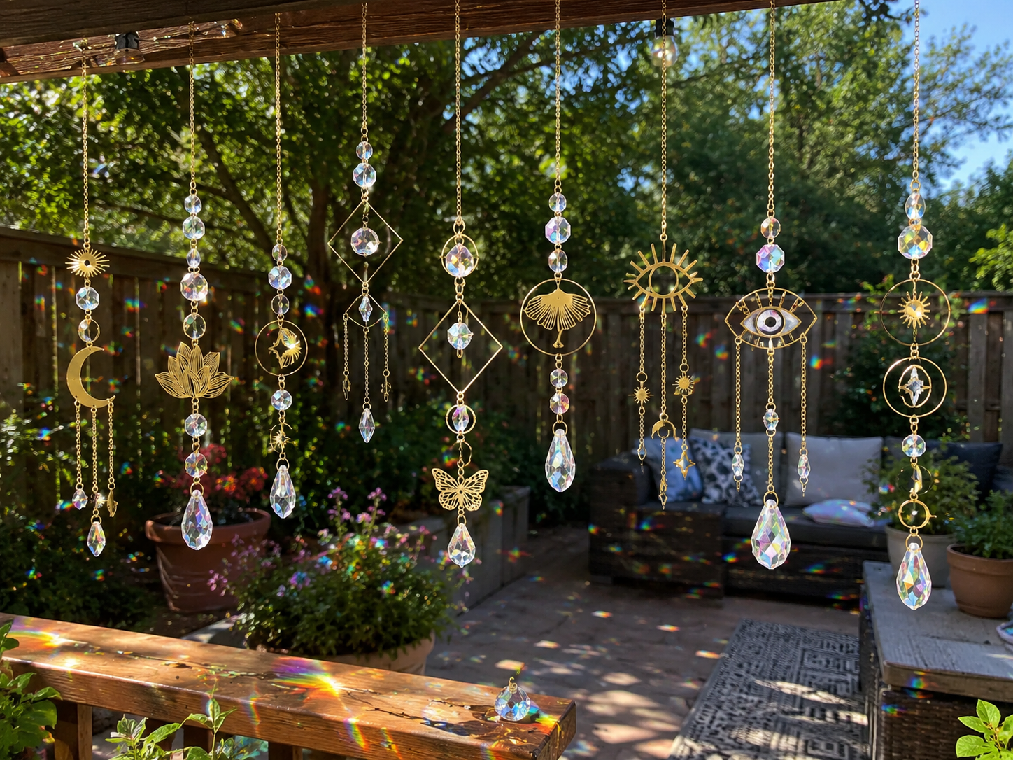 Ten crystal suncatchers hanging together in a sunny backyard