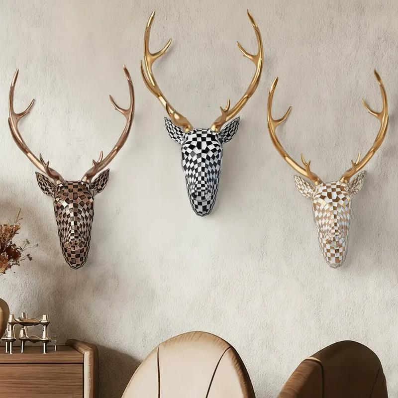 Three Modern Mosaic Deer Head Wall Sculptures displayed together