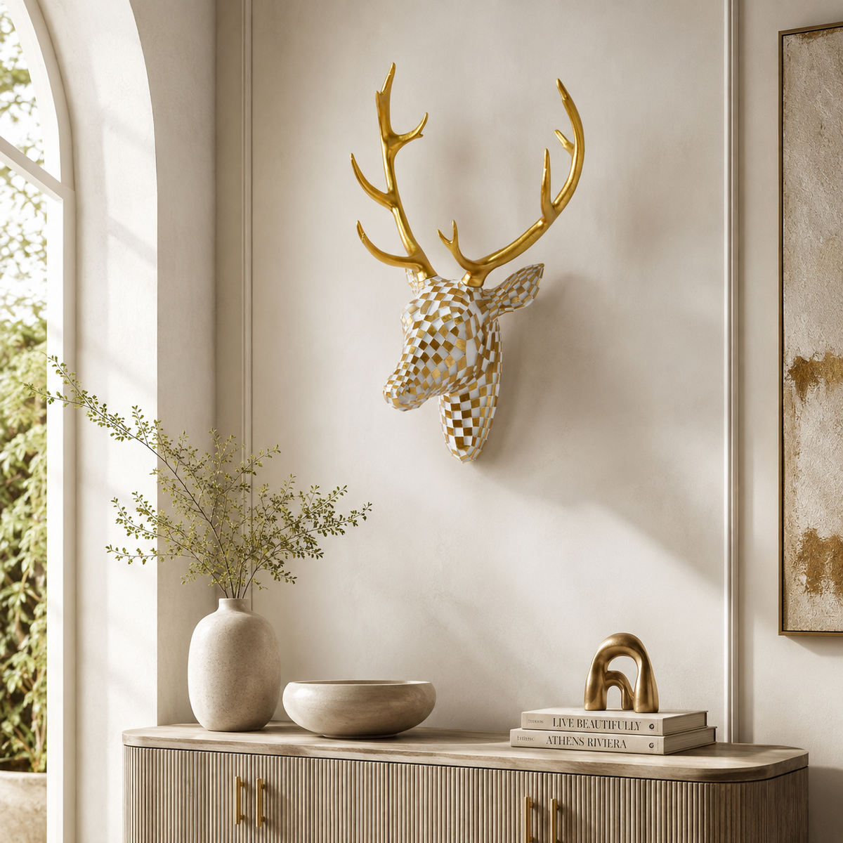Gold Modern Mosaic Deer Head Wall Sculpture in a bright neutral entryway