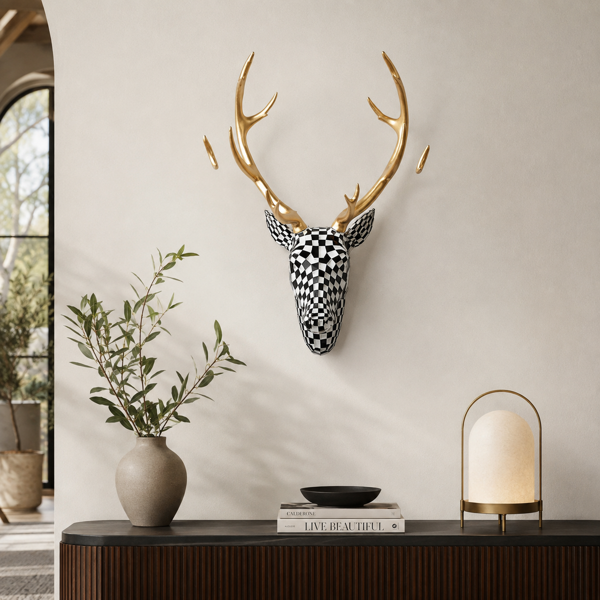 Black and white Modern Mosaic Deer Head Wall Sculpture