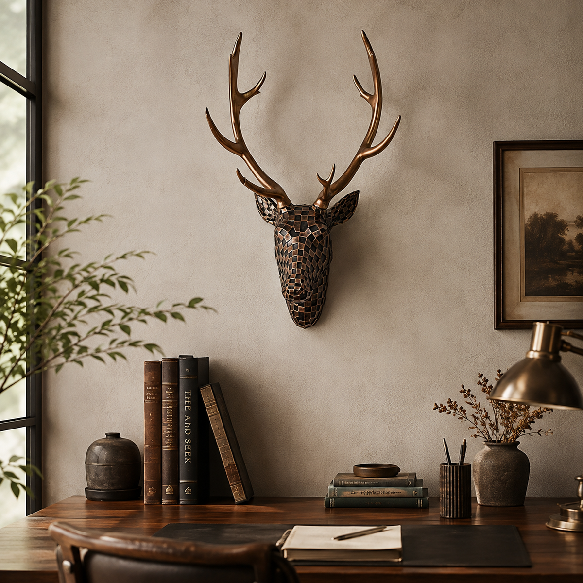 Brown Modern Mosaic Deer Head Wall Sculpture in a warm home office